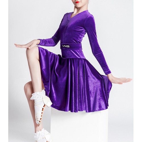 Girls violet velvet competition latin dance dresses long sleeves school stage performance salsa rumba chacha latin dance costumes for kids 